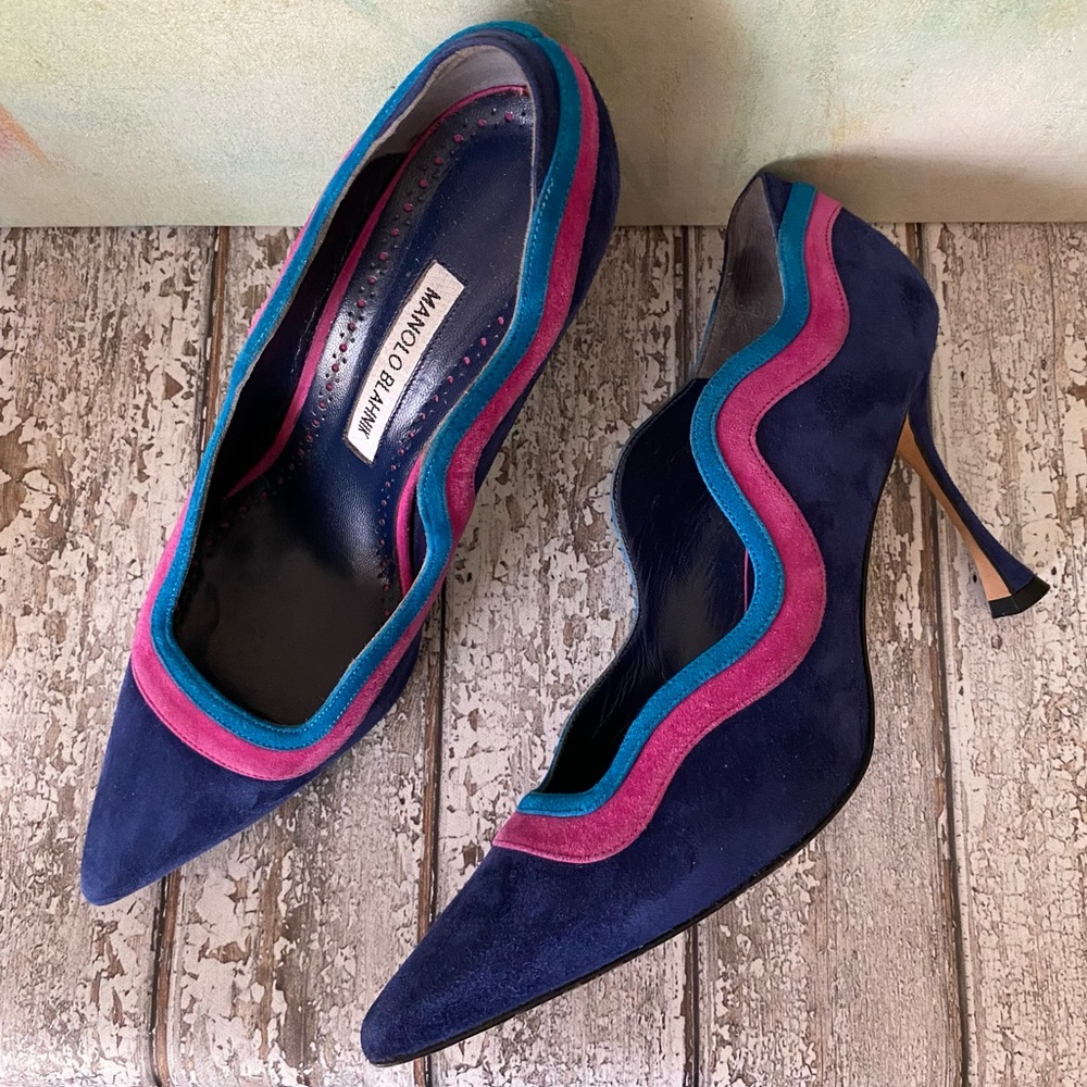 Rare♦️Manolo Blahnik Heels Suede Leather Swirl Pumps Pink Turquoise Blue